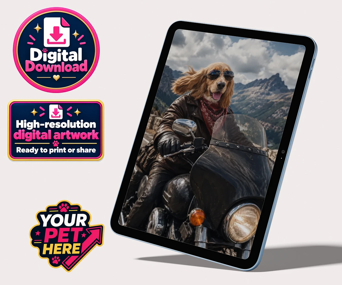 Personalised digital portrait of Paw Rider, a dog in a leather jacket and aviator sunglasses, riding through mountains