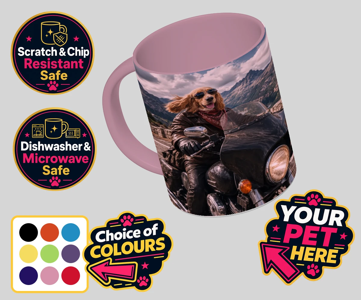 Personalised Paw Rider dog coloured photo mugs featuring meet Paw Rider, the ultimate pooch who knows how to cruise in style!