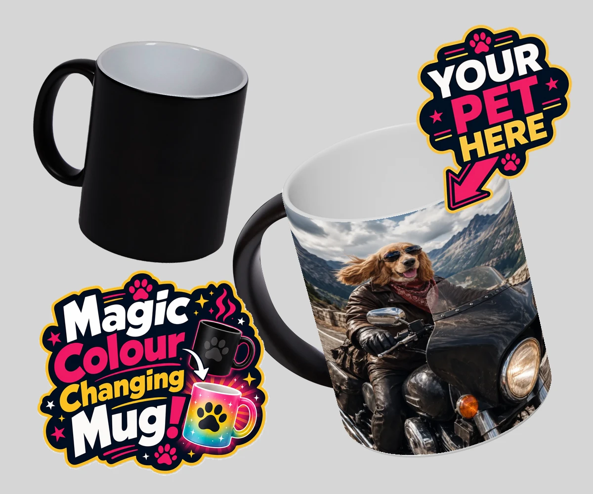 Personalised Paw Rider dog magic photo mugs featuring meet Paw Rider, the ultimate pooch who knows how to cruise in style!