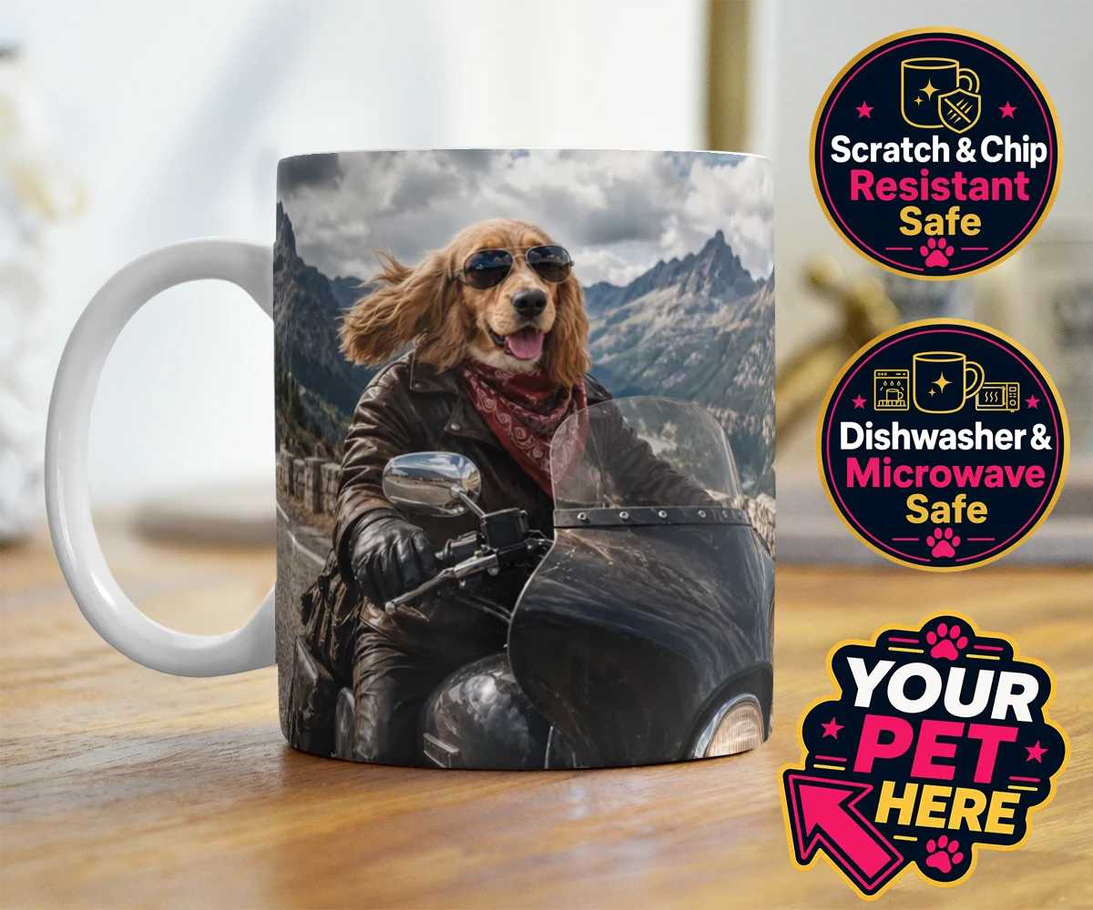 Personalised Paw Rider dog photo mugs featuring meet Paw Rider, the ultimate pooch who knows how to cruise in style!