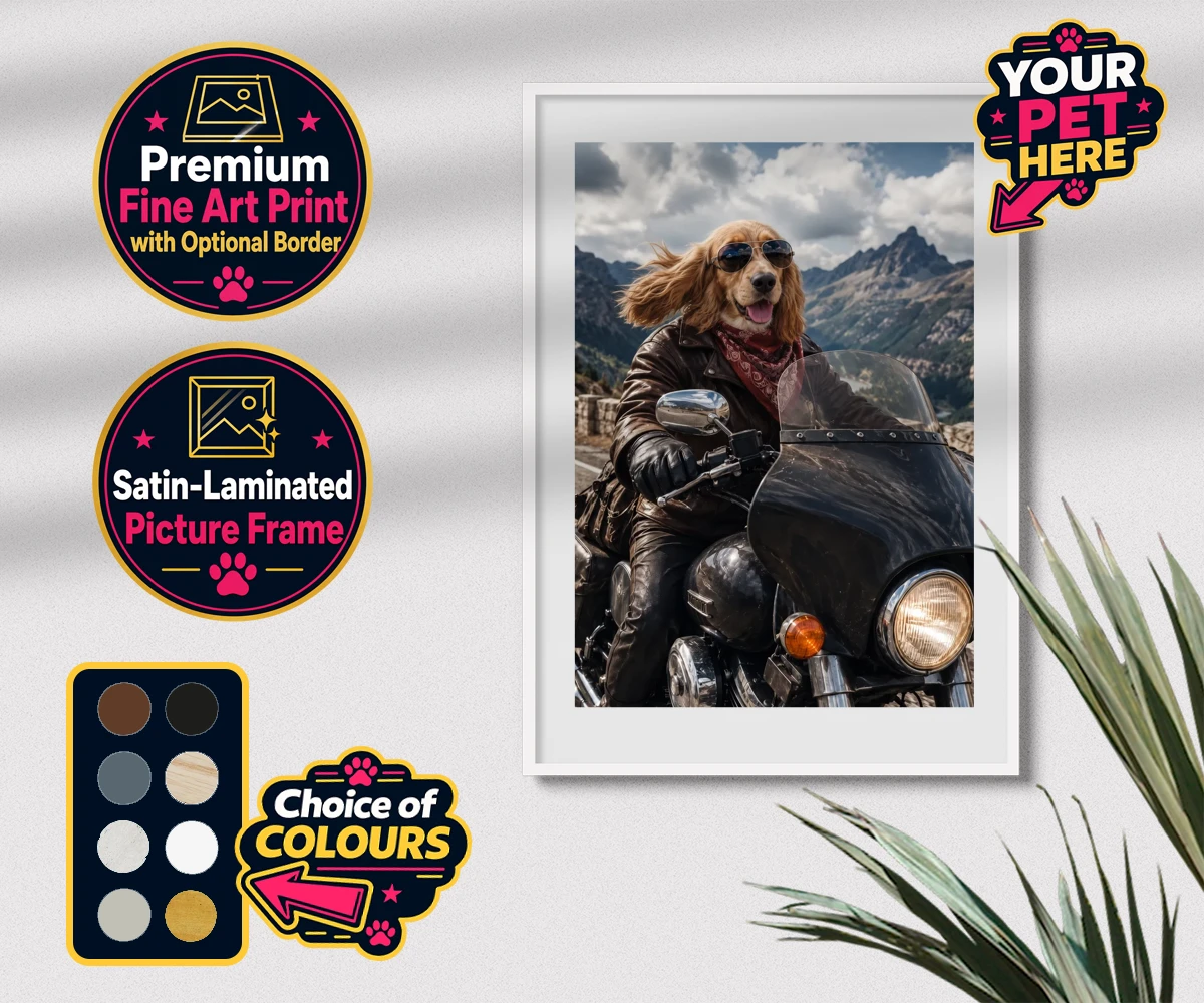 Personalised Paw Rider dog premium framed print featuring meet Paw Rider, the ultimate pooch who knows how to cruise in style!