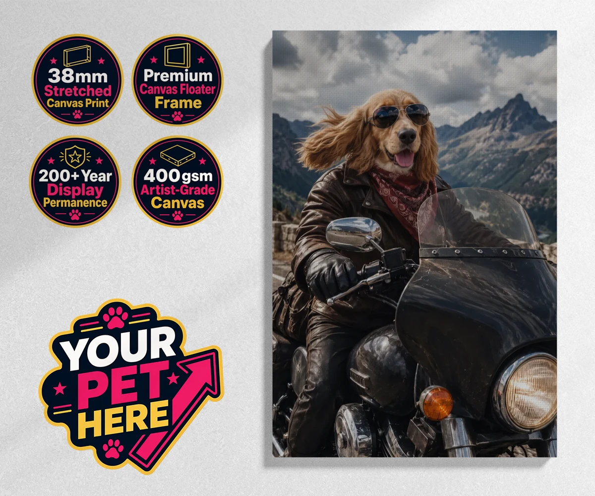 Personalised Paw Rider dog stretched canvas print featuring meet Paw Rider, the ultimate pooch who knows how to cruise in style!