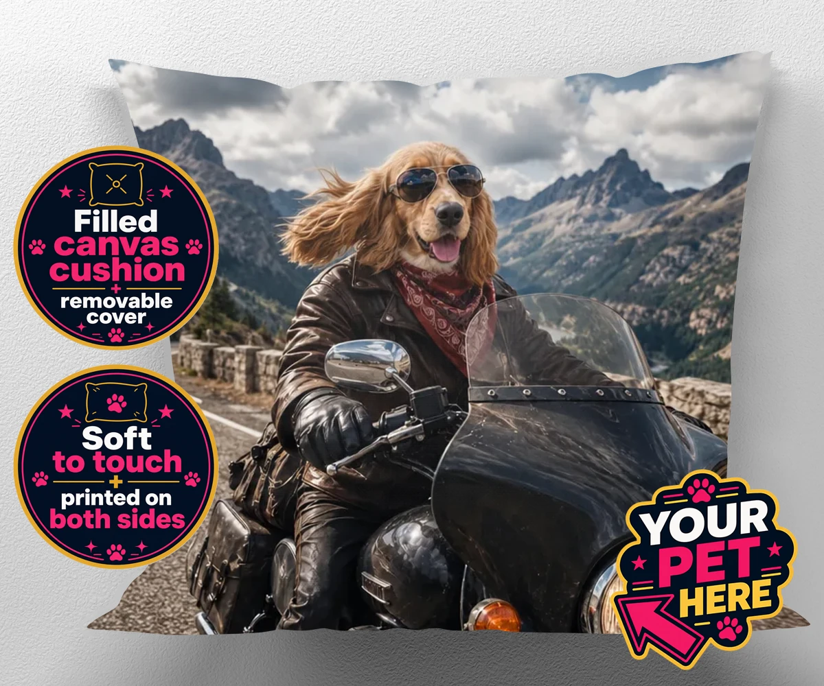 Personalised Paw Rider dog canvas cushions featuring meet Paw Rider, the ultimate pooch who knows how to cruise in style!