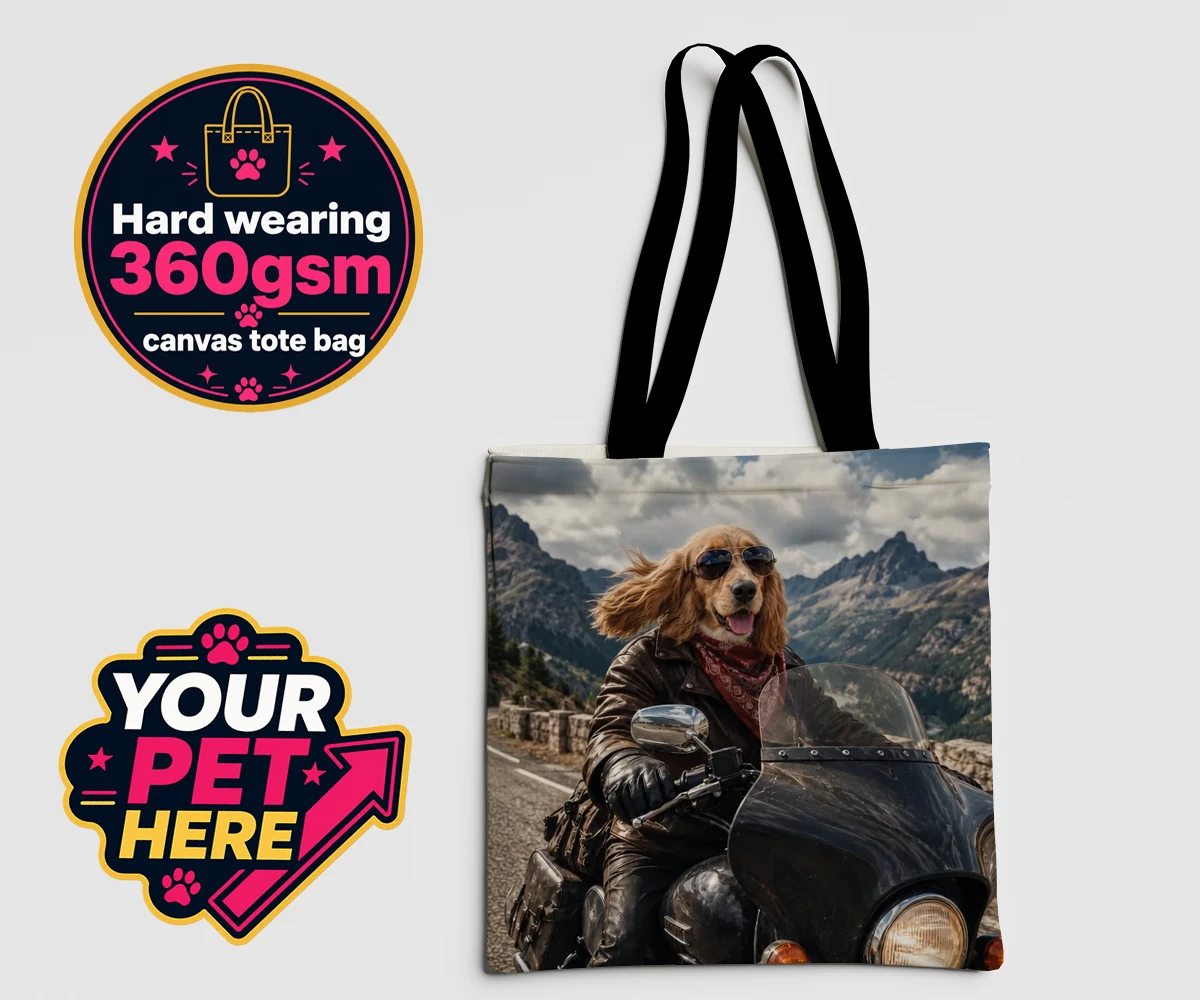Personalised Paw Rider dog canvas tote bags featuring meet Paw Rider, the ultimate pooch who knows how to cruise in style!