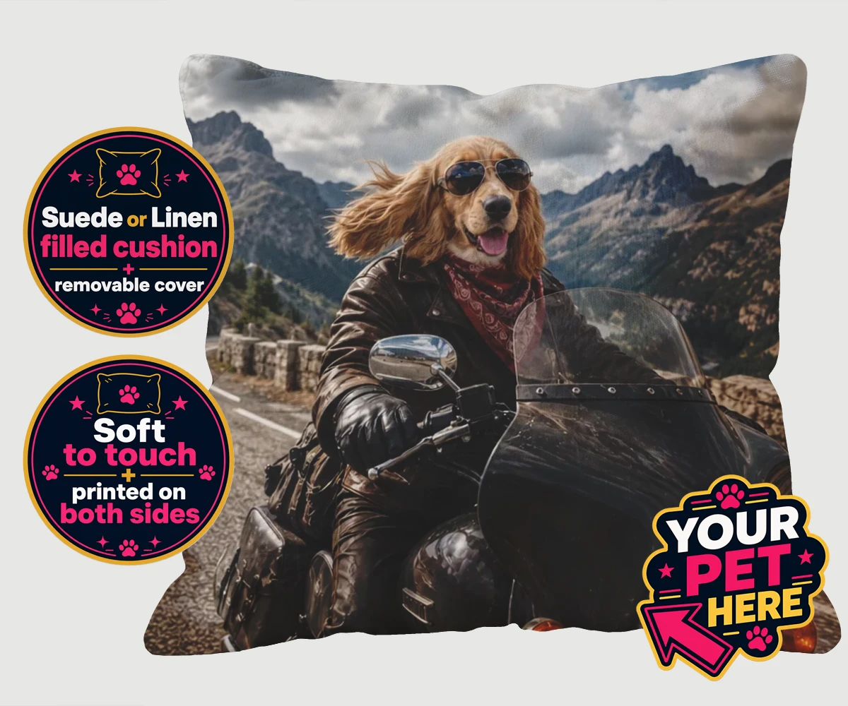 Personalised Paw Rider dog cushions featuring meet Paw Rider, the ultimate pooch who knows how to cruise in style!