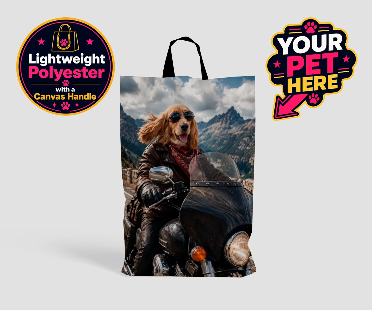 Personalised Paw Rider dog shopping bags featuring meet Paw Rider, the ultimate pooch who knows how to cruise in style!