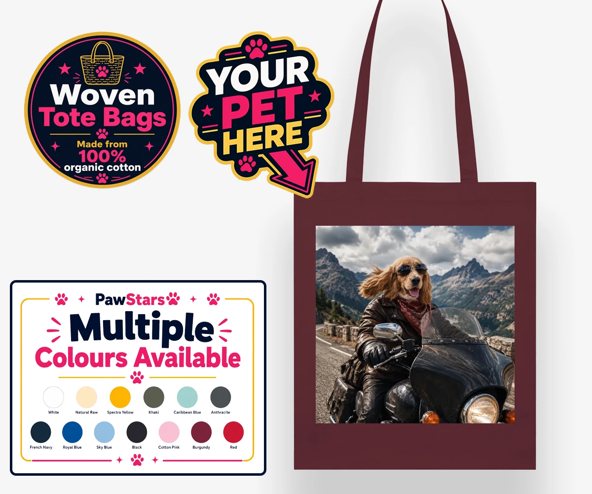 Personalised Paw Rider dog woven tote bags featuring meet Paw Rider, the ultimate pooch who knows how to cruise in style!
