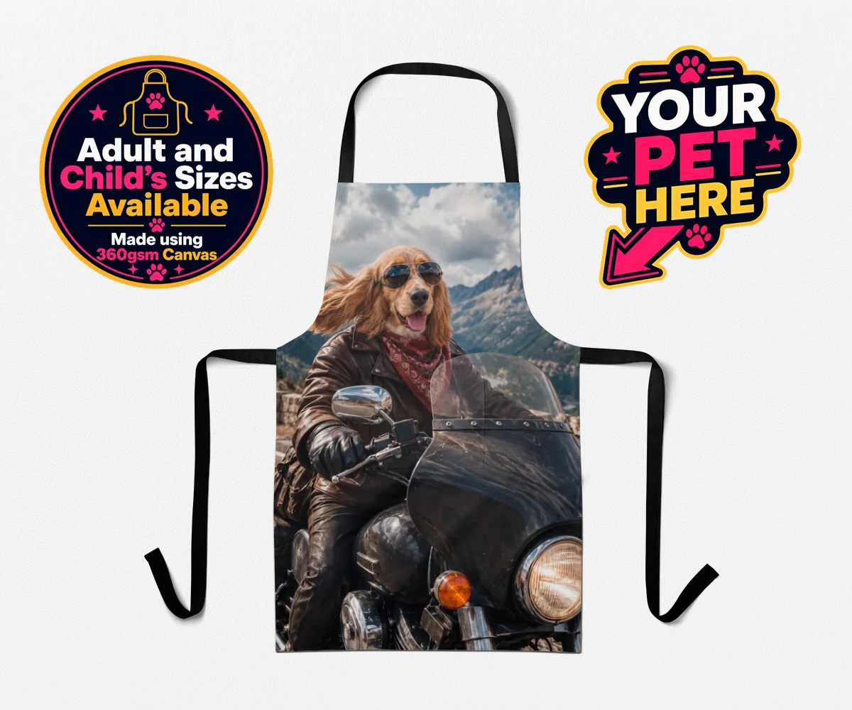 Personalised Paw Rider dog aprons featuring meet Paw Rider, the ultimate pooch who knows how to cruise in style!
