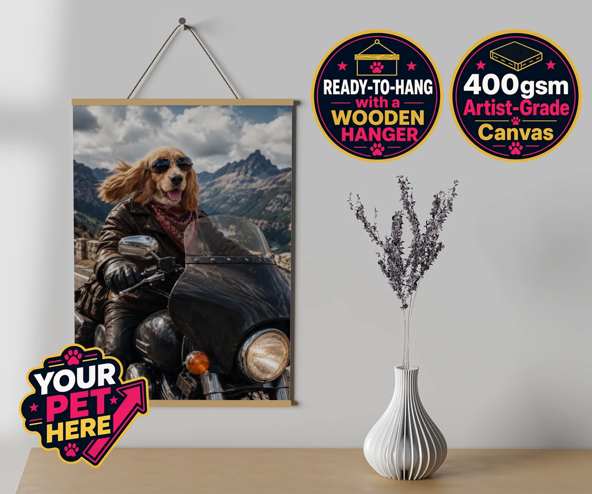 Personalised Paw Rider dog canvas poster prints with hanger featuring meet Paw Rider, the ultimate pooch who knows how to cruise in style!