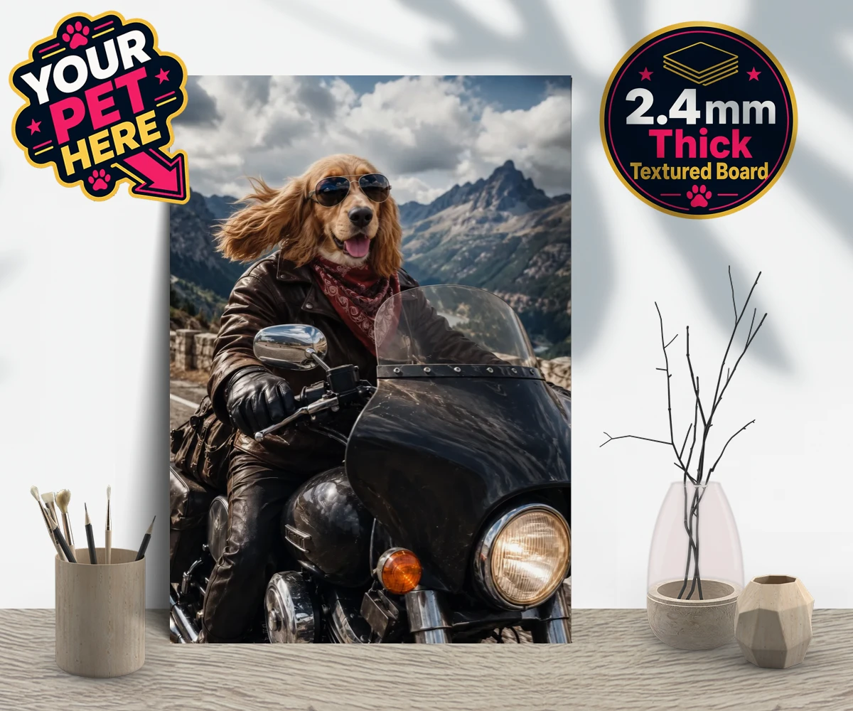 Personalised Paw Rider dog gallery boards featuring meet Paw Rider, the ultimate pooch who knows how to cruise in style!