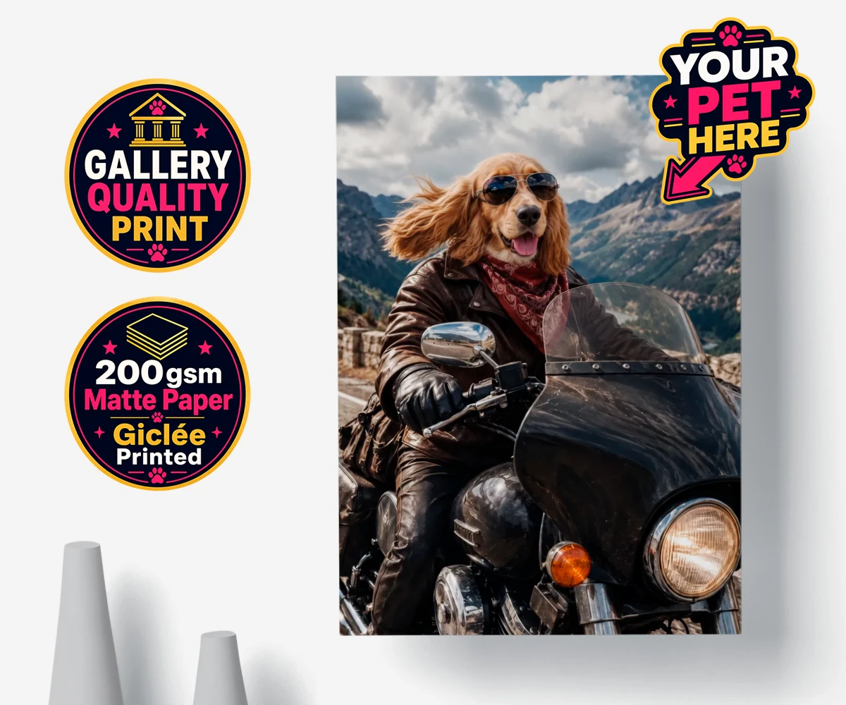 Personalised Paw Rider dog premium poster print featuring meet Paw Rider, the ultimate pooch who knows how to cruise in style!
