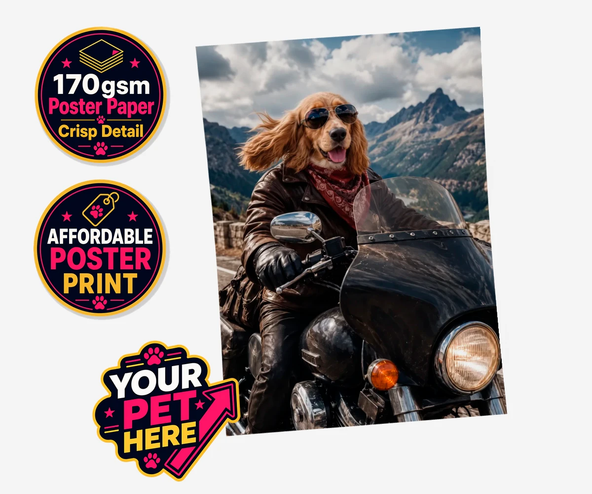 Personalised Paw Rider dog standard poster print featuring meet Paw Rider, the ultimate pooch who knows how to cruise in style!