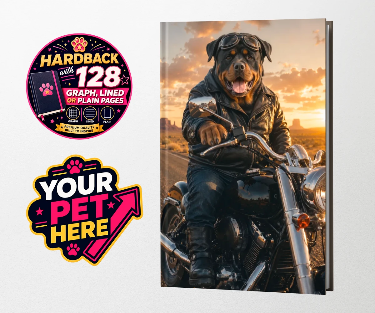 Personalised hardback notebook featuring Born To Ride, a dog in a leather jacket and aviator goggles