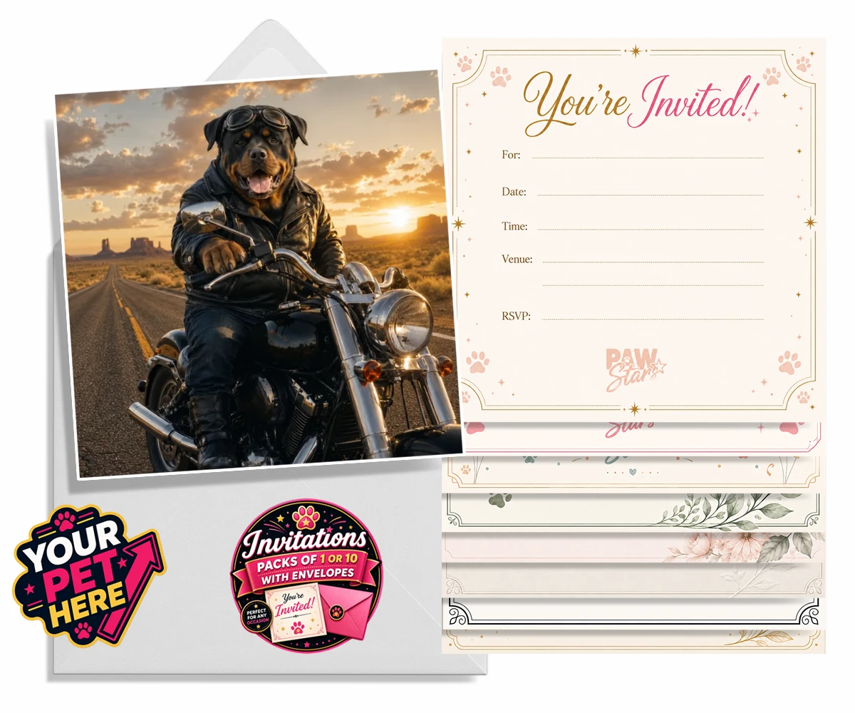 Born To Ride dog invitations featuring a dog in a leather jacket and aviator goggles
