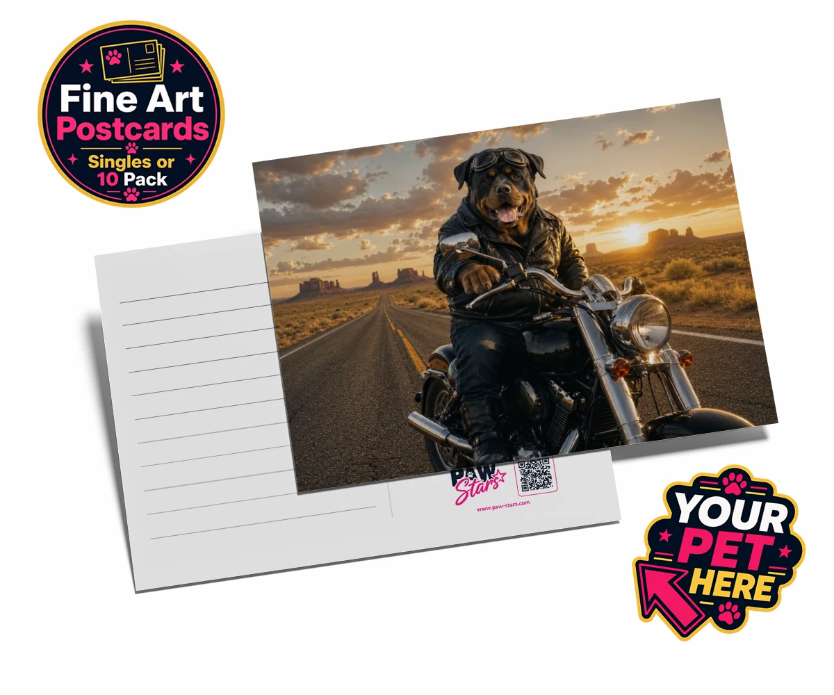 Personalised Born To Ride dog postcard featuring a dog in a leather jacket and aviator goggles on a motorcycle