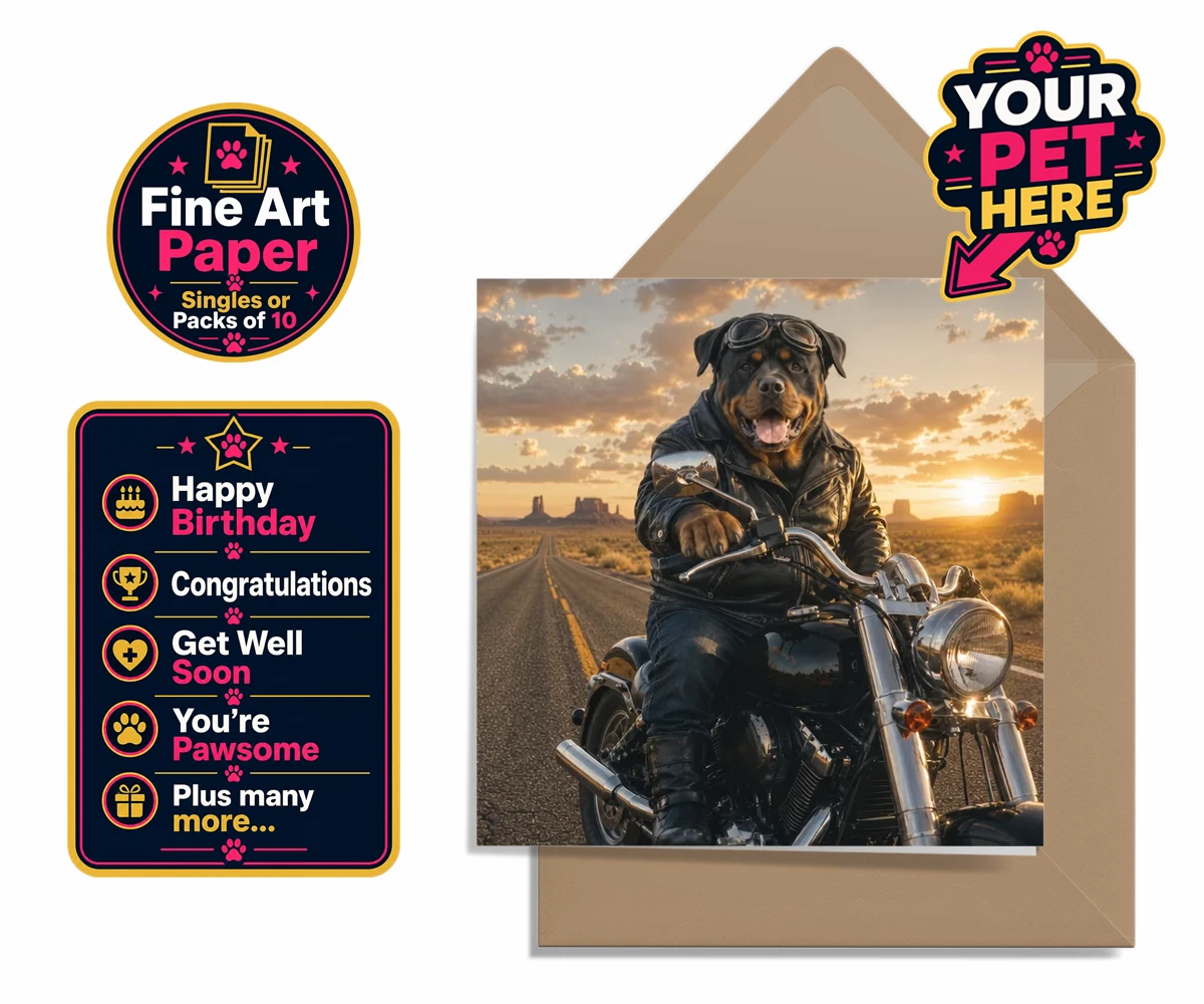 Personalised premium greetings card featuring Born To Ride dog in a leather jacket and aviator goggles on a motorcycle