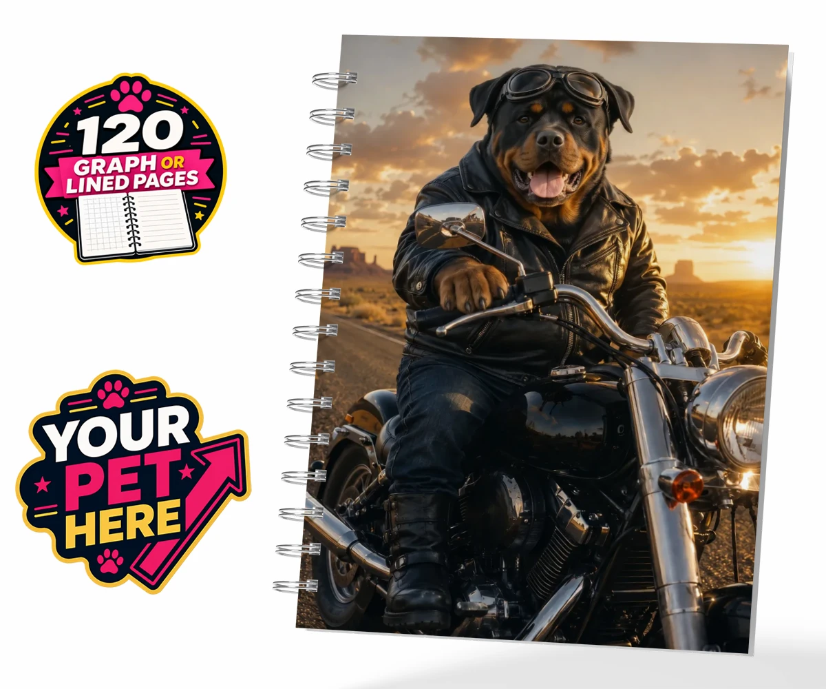 Personalised spiral notebook featuring Born To Ride dog in leather jacket and aviator goggles