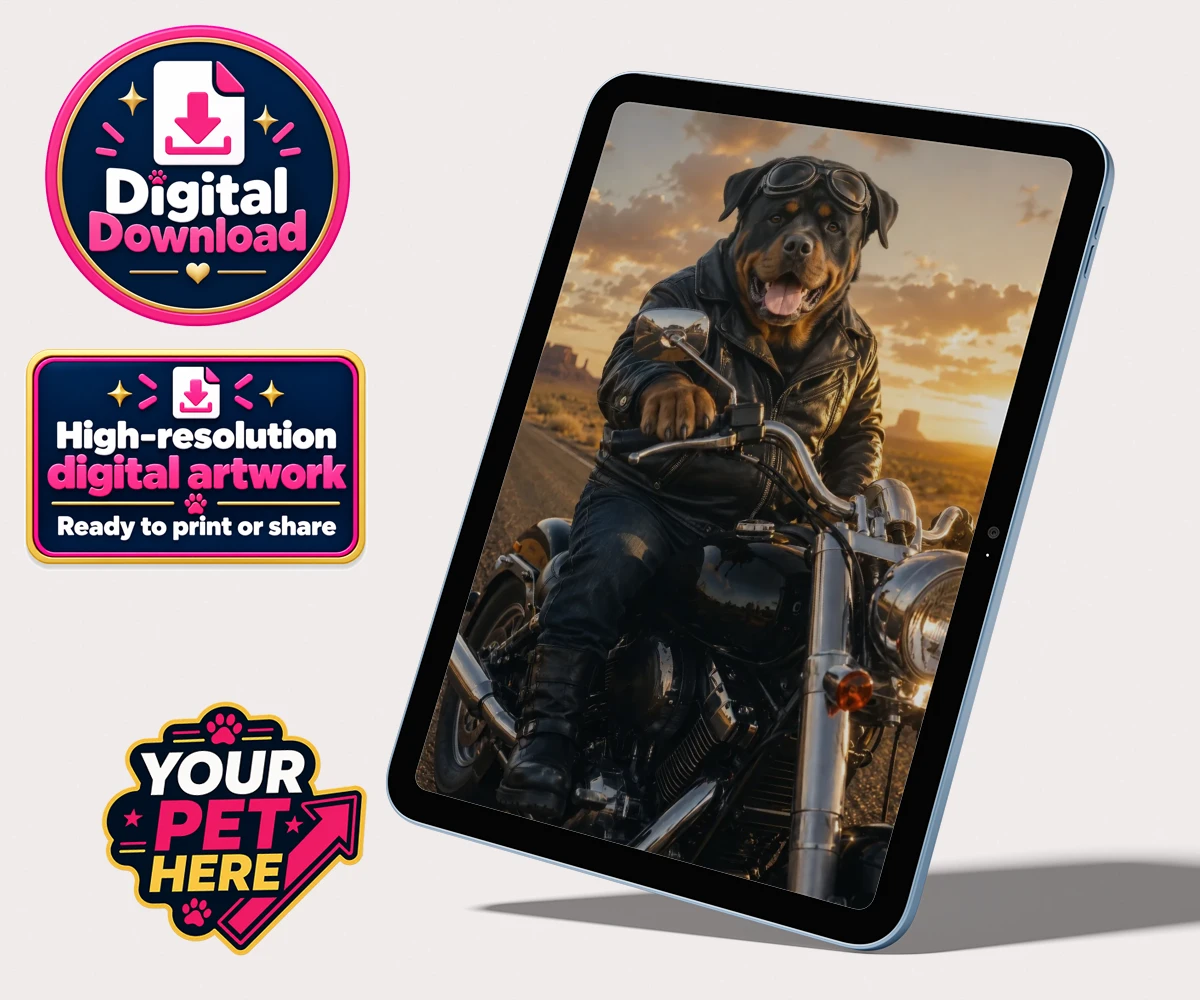 Personalised digital download of Born To Ride dog character in leather jacket and aviator goggles