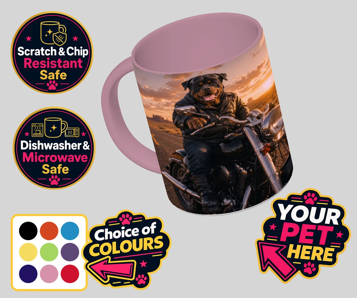 Personalised Born To Ride dog coloured photo mugs featuring unleash your inner daredevil with our delightful pet portrait, "Born T