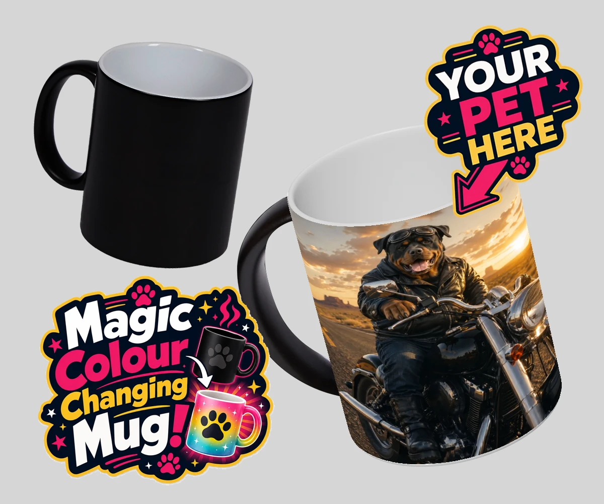Personalised Born To Ride dog magic photo mugs featuring unleash your inner daredevil with our delightful pet portrait, "Born T