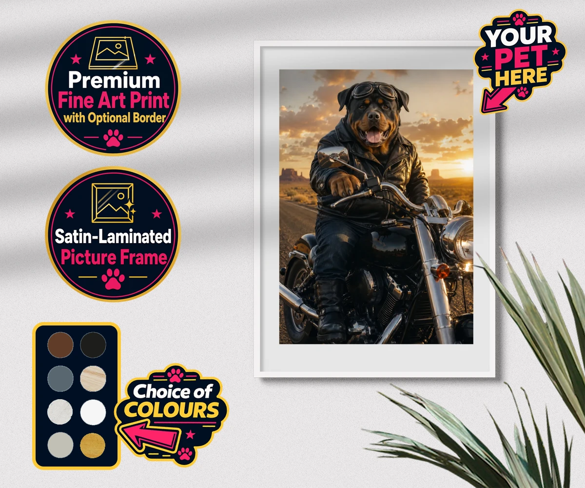 Personalised Born To Ride dog premium framed print featuring unleash your inner daredevil with our delightful pet portrait, "Born T