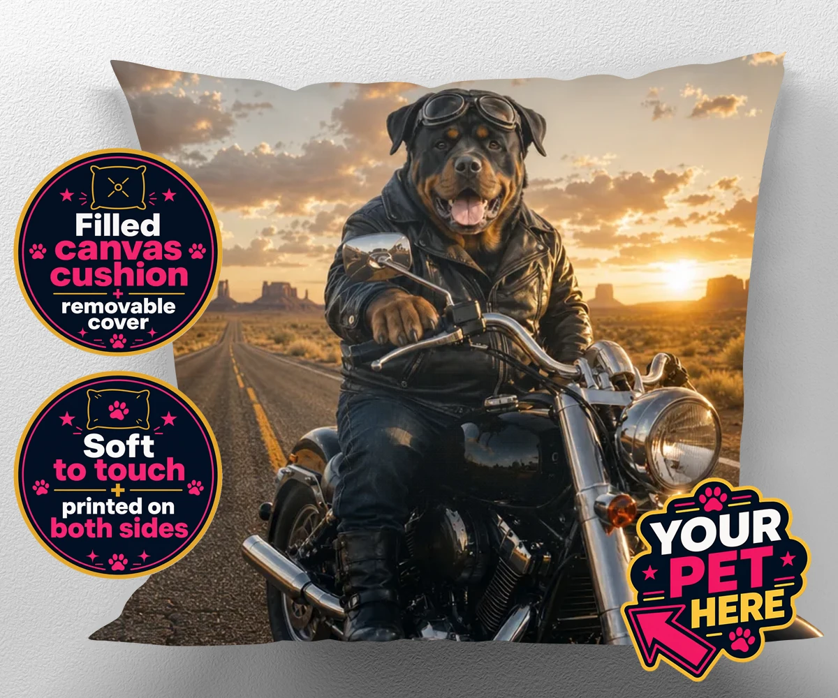 Personalised canvas cushion featuring Born To Ride dog in leather jacket and goggles against sunset backdrop