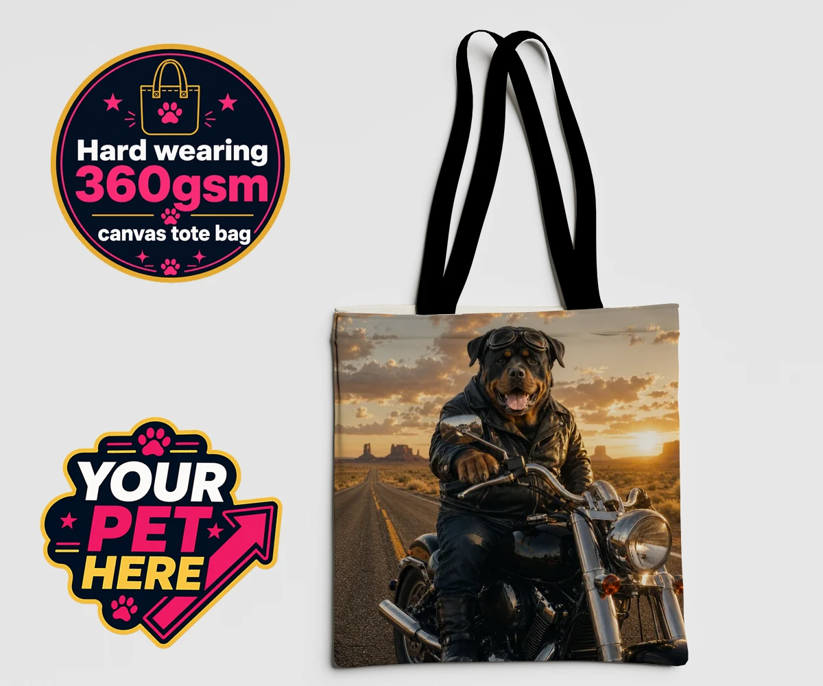 Personalised Born To Ride dog canvas tote bag featuring a dog in a leather jacket and goggles on a motorcycle