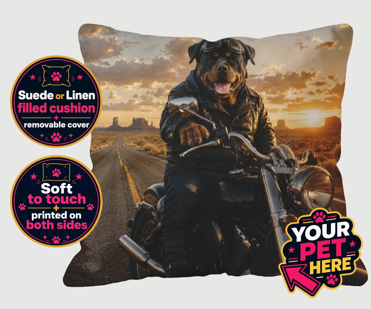 Personalised Born To Ride dog cushion featuring a dog in a leather jacket and goggles on a motorcycle