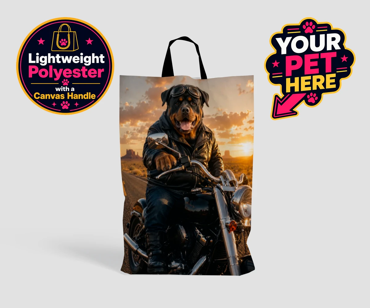 Personalised shopping bag featuring Born To Ride dog in leather jacket and goggles