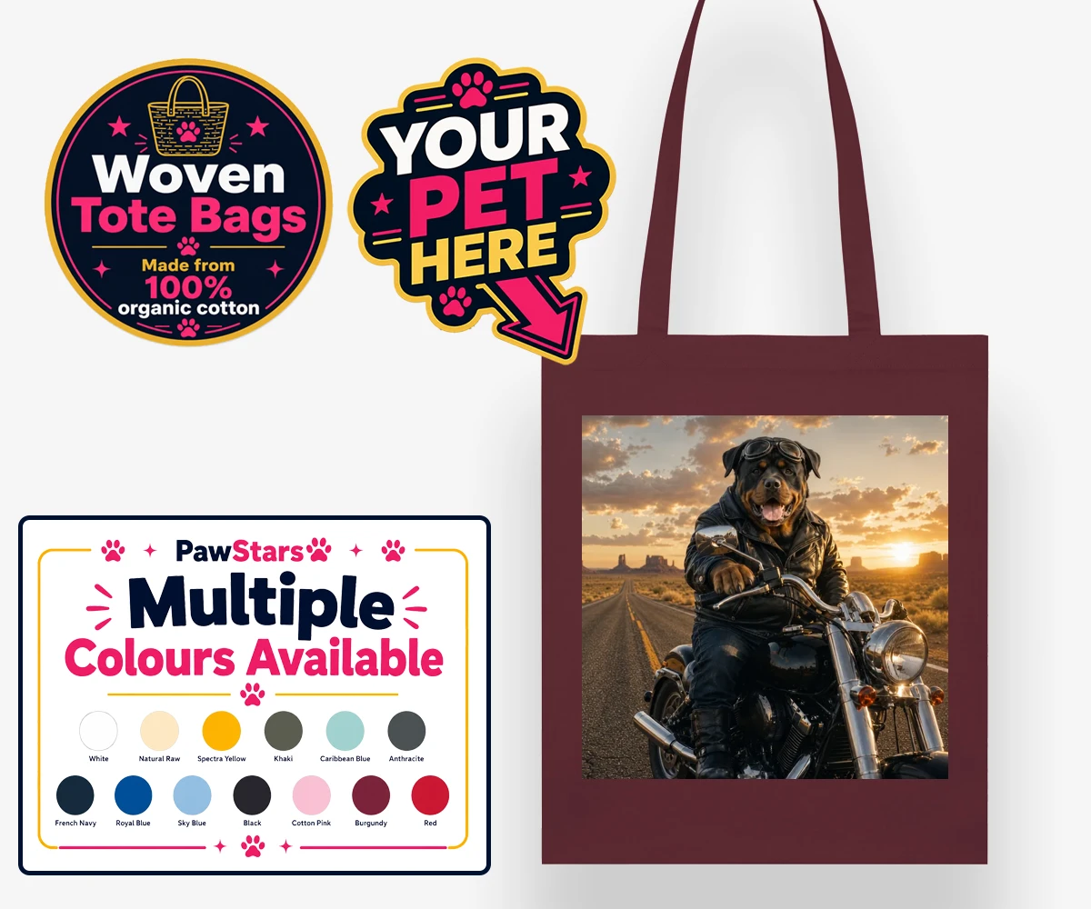 Personalised Born To Ride dog woven tote bag with a dog in a leather jacket and aviator goggles