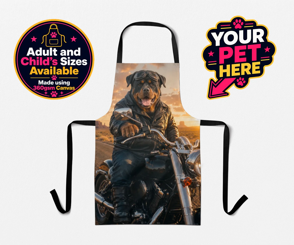 Personalised Born To Ride dog apron featuring a dog in a leather jacket and aviator goggles against a sunset backdrop