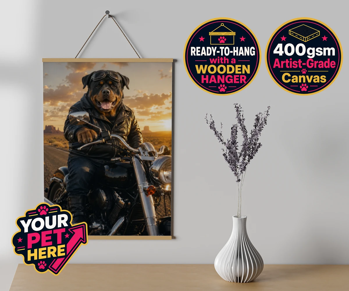 Personalised Born To Ride dog canvas poster prints with hanger featuring unleash your inner daredevil with our delightful pet portrait, "Born T