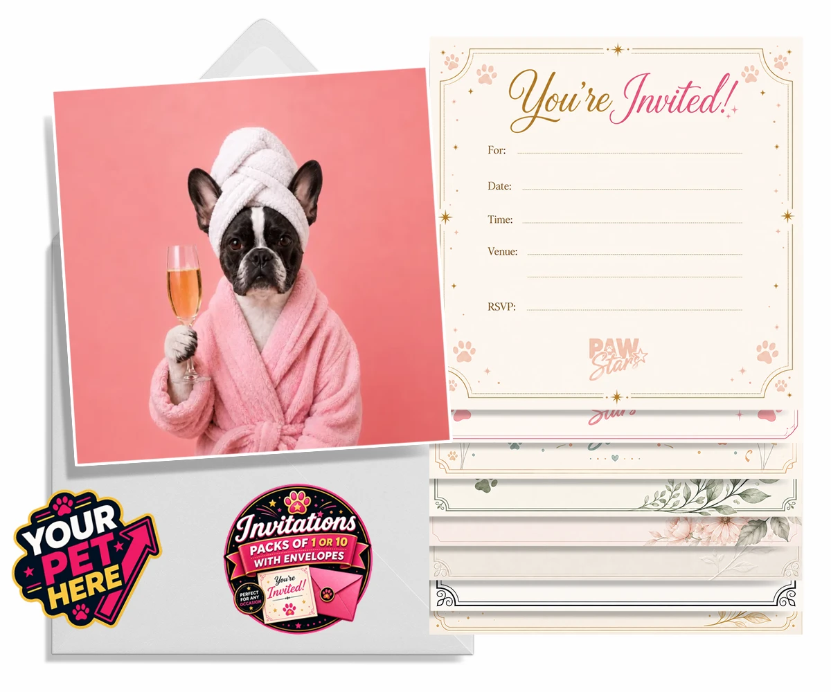 Personalised Spa Day Chic dog invitations featuring the epitome of canine sophistication and pampering!