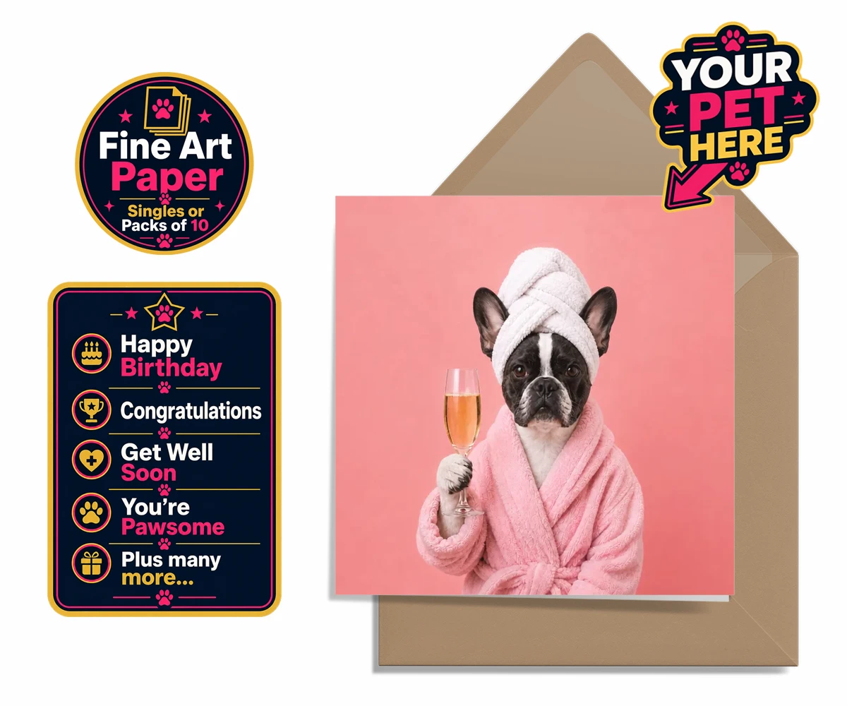 Personalised Spa Day Chic dog premium greetings cards featuring the epitome of canine sophistication and pampering!