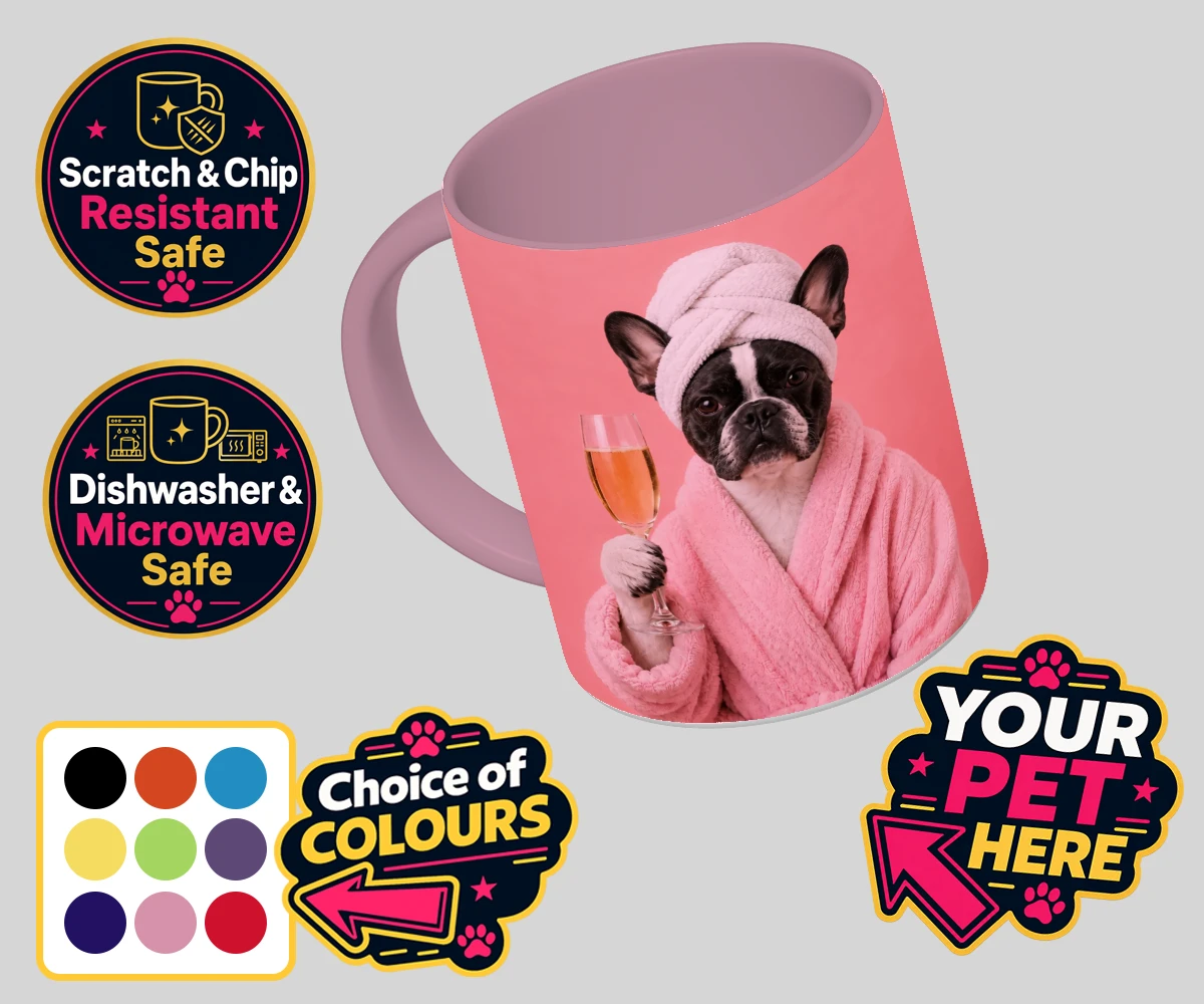 Personalised Spa Day Chic dog coloured photo mugs featuring the epitome of canine sophistication and pampering!