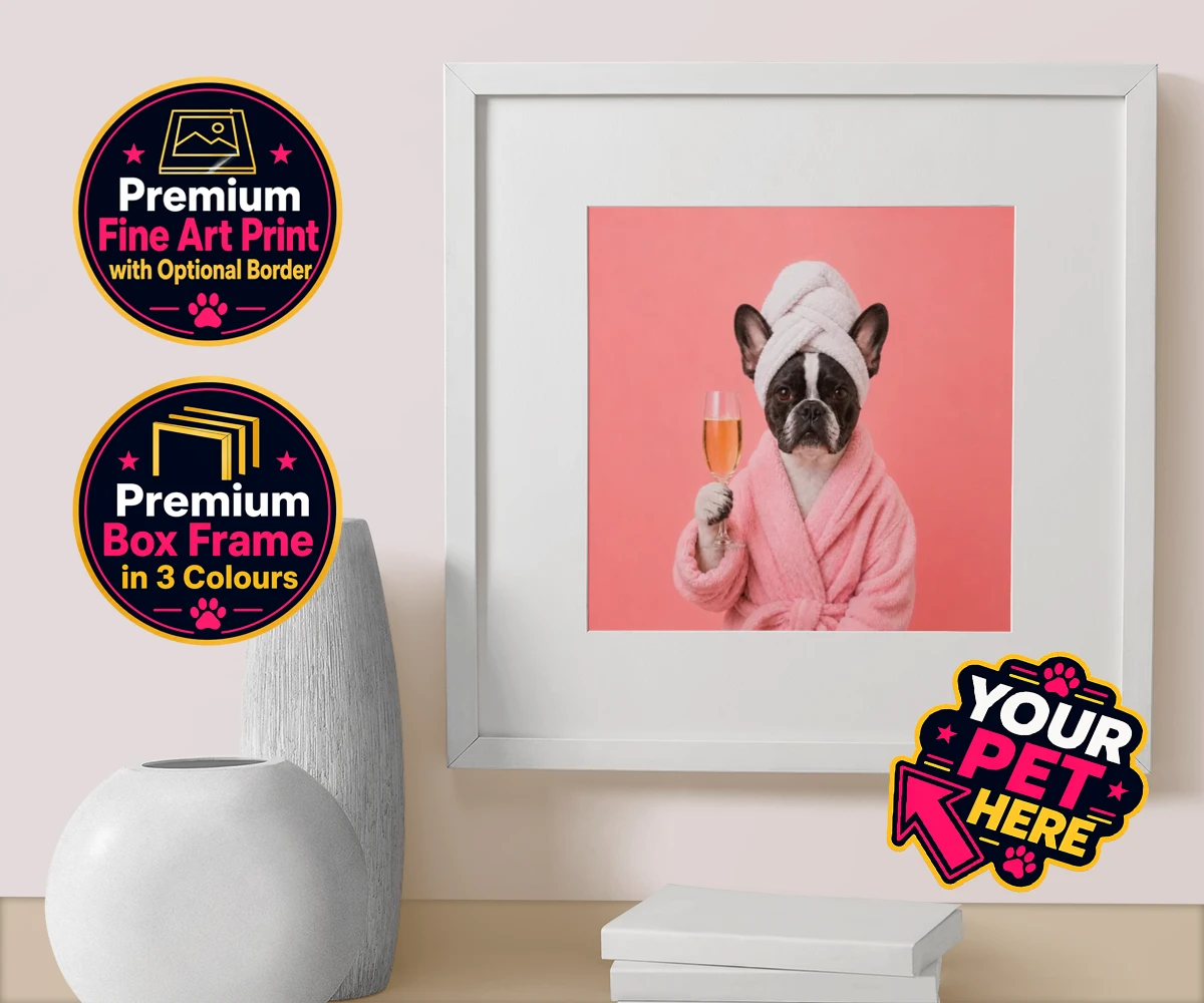 Personalised Spa Day Chic dog box framed print featuring the epitome of canine sophistication and pampering!