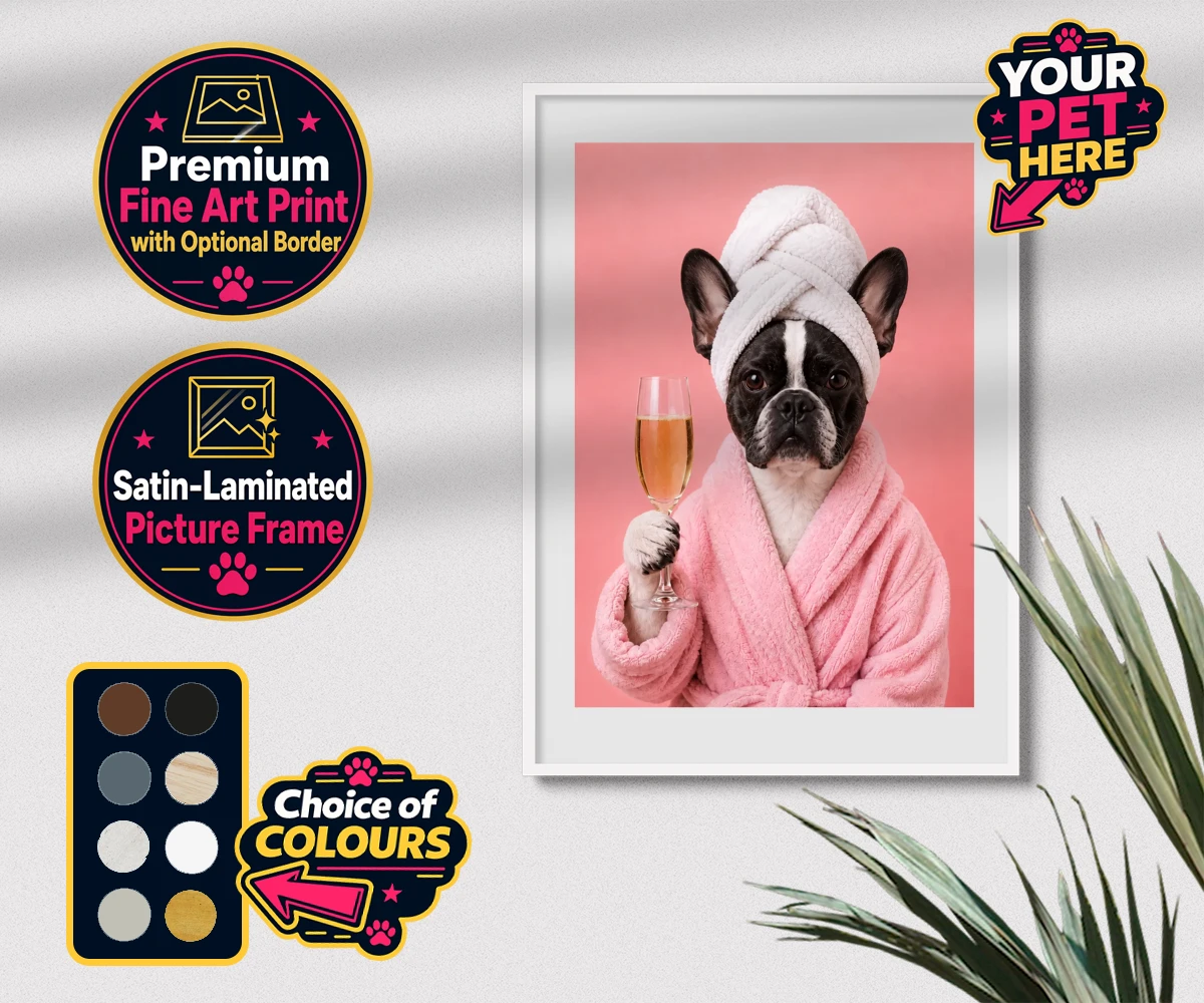 Personalised Spa Day Chic dog premium framed print featuring the epitome of canine sophistication and pampering!
