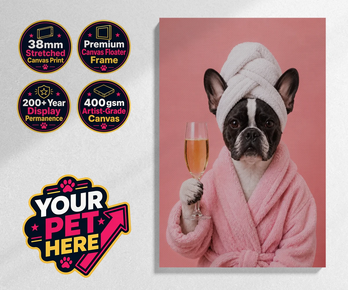 Personalised Spa Day Chic dog stretched canvas print featuring the epitome of canine sophistication and pampering!