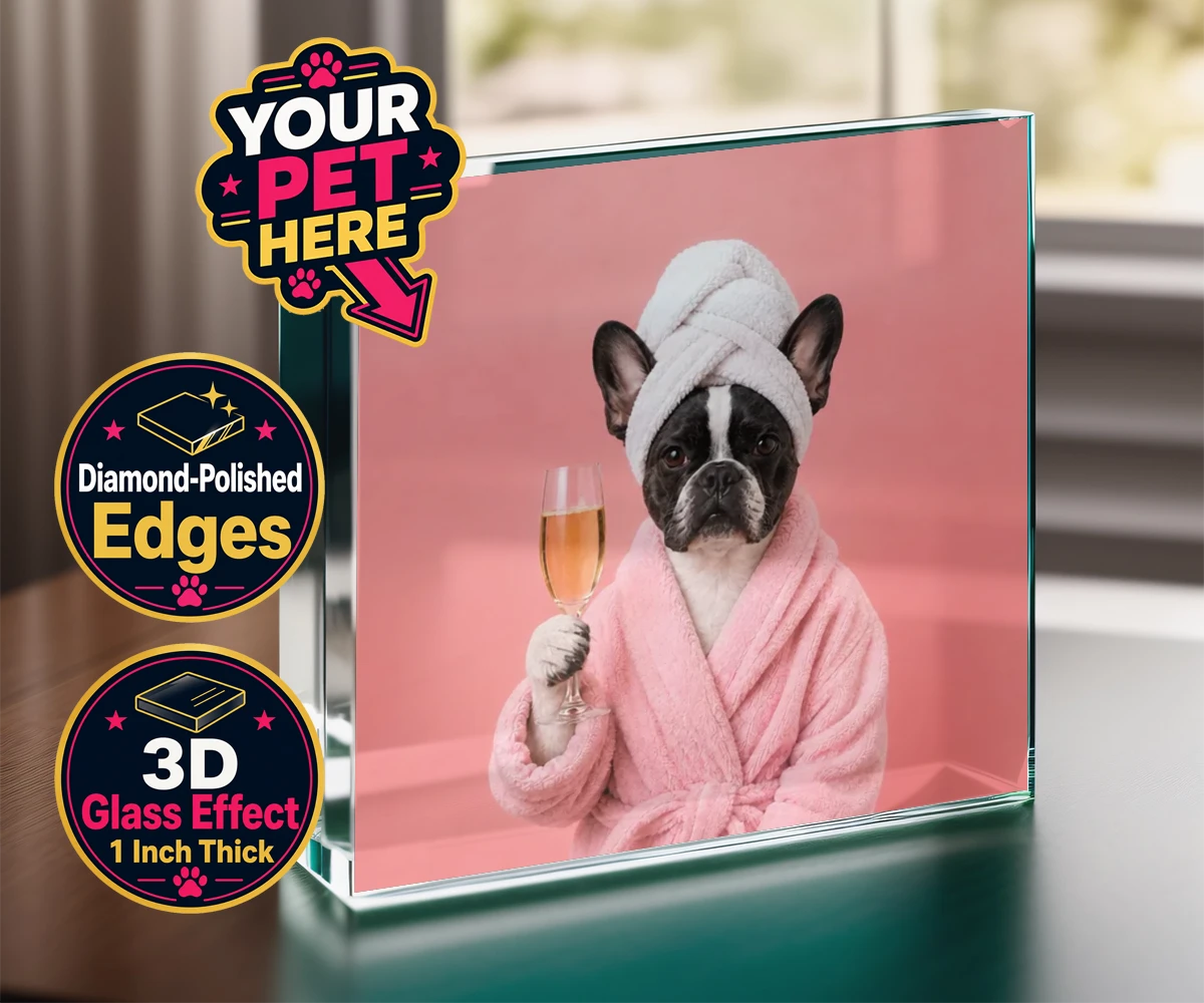 Personalised Spa Day Chic dog acrylic prisms featuring the epitome of canine sophistication and pampering!