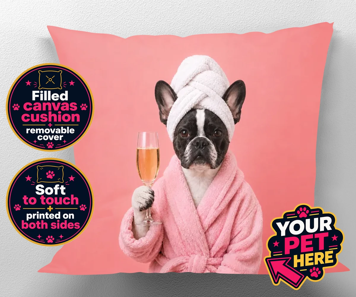 Personalised Spa Day Chic dog canvas cushions featuring the epitome of canine sophistication and pampering!