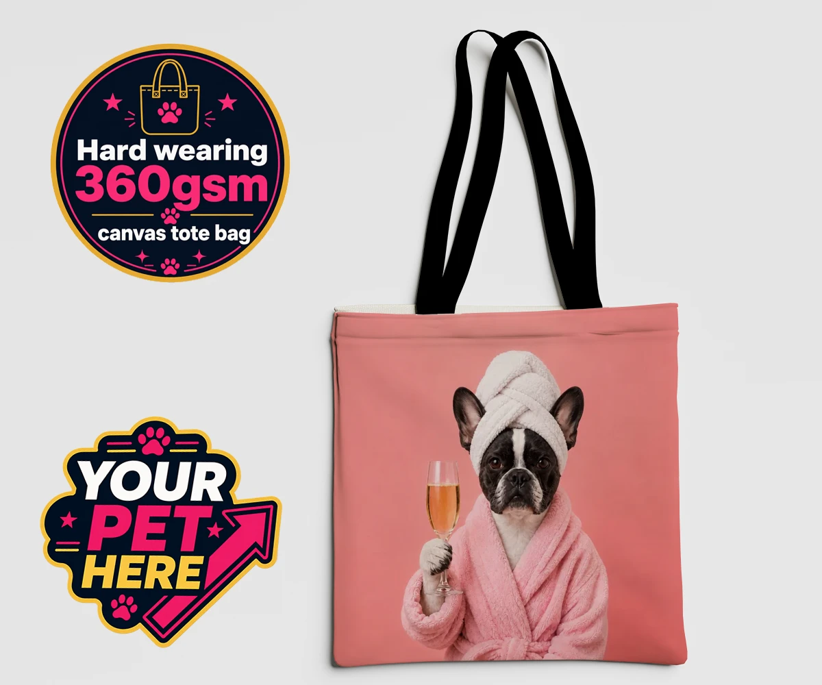 Personalised Spa Day Chic dog canvas tote bags featuring the epitome of canine sophistication and pampering!