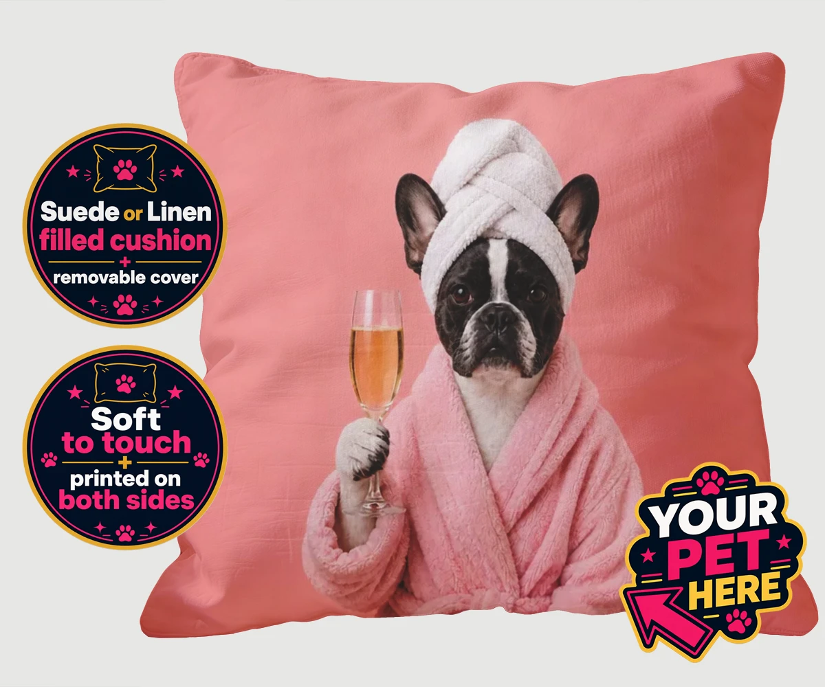 Personalised Spa Day Chic dog cushions featuring the epitome of canine sophistication and pampering!