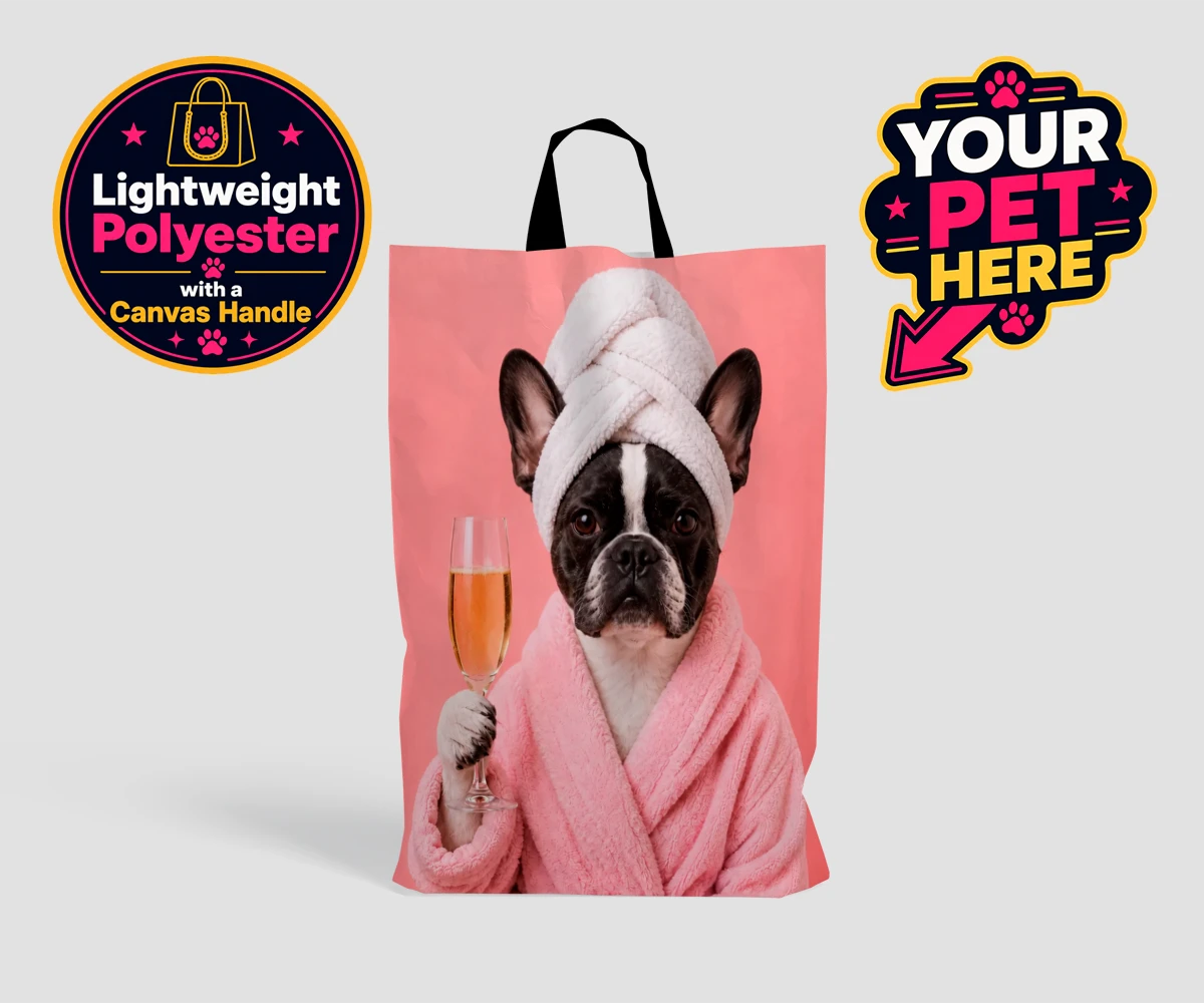 Personalised Spa Day Chic dog shopping bags featuring the epitome of canine sophistication and pampering!