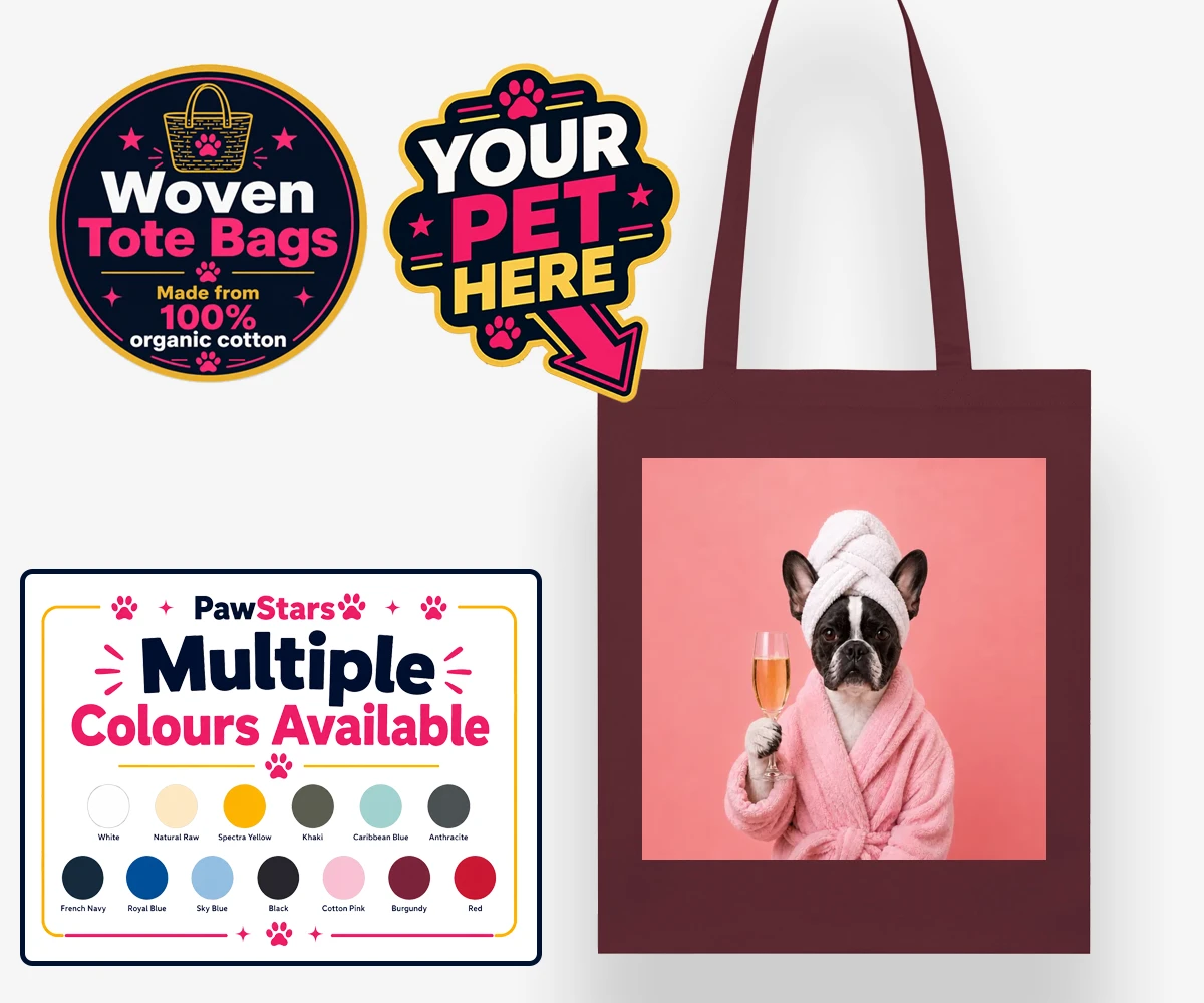 Personalised Spa Day Chic dog woven tote bags featuring the epitome of canine sophistication and pampering!