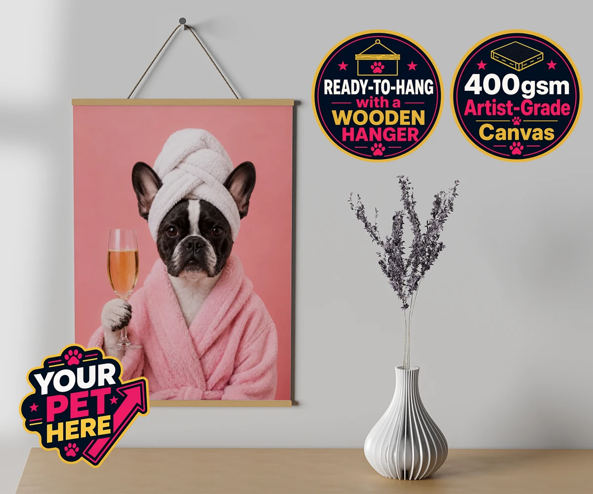 Personalised Spa Day Chic dog canvas poster prints with hanger featuring the epitome of canine sophistication and pampering!