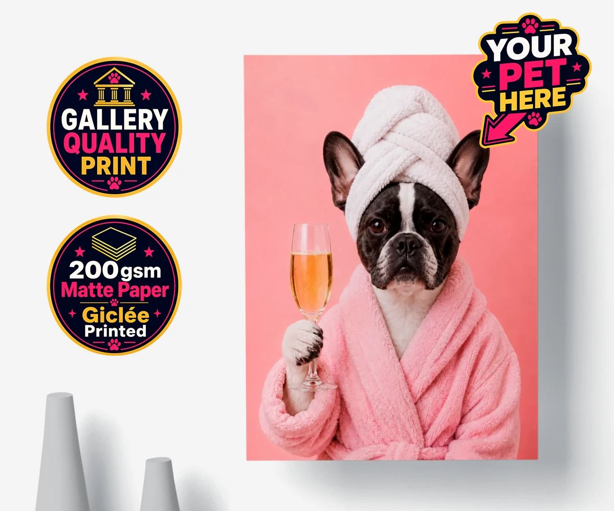 Personalised Spa Day Chic dog premium poster print featuring the epitome of canine sophistication and pampering!