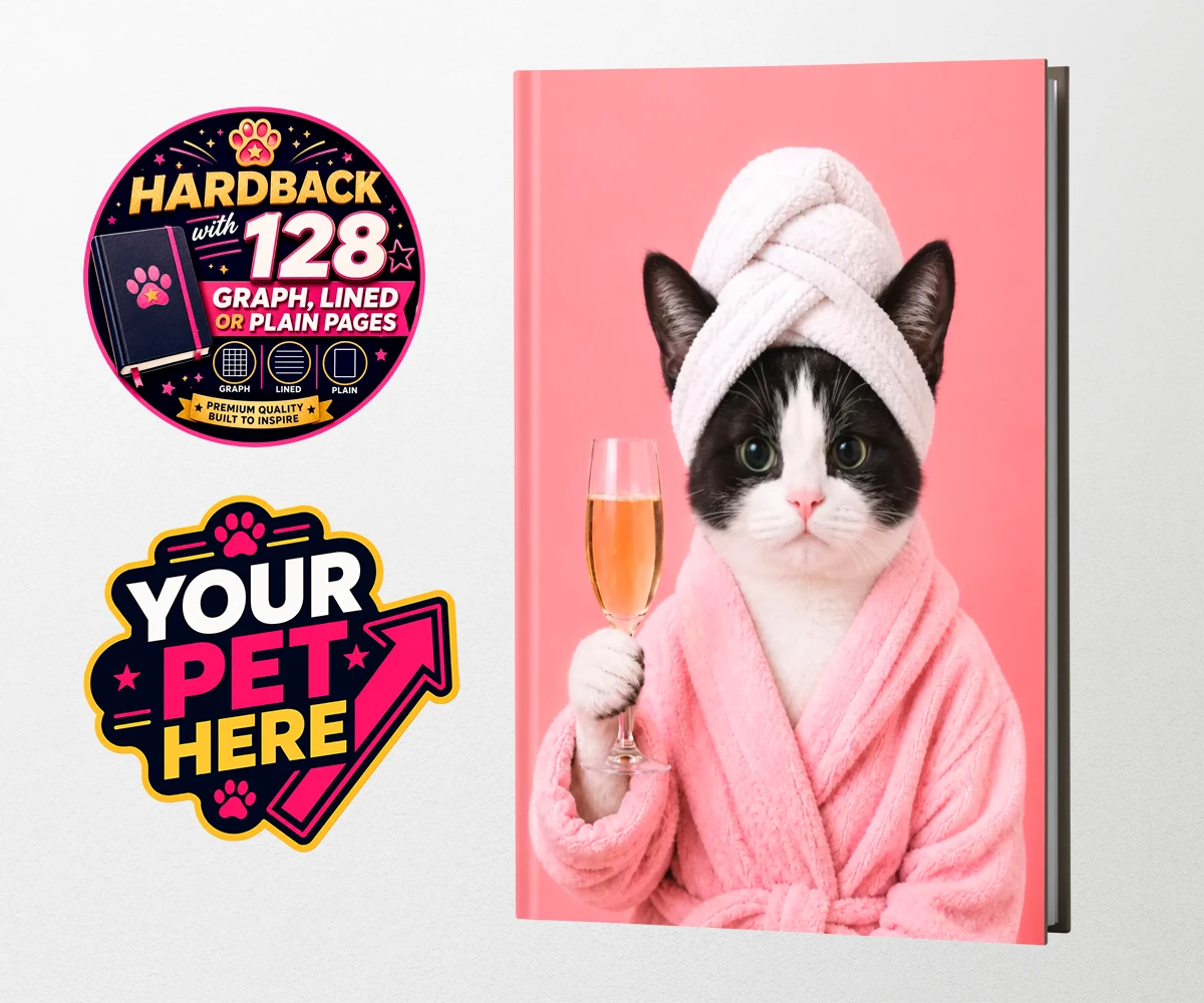 Personalised Spa Day Chic cat hardback notebooks featuring the purr-fect blend of luxury and humour for cat enthusiasts!