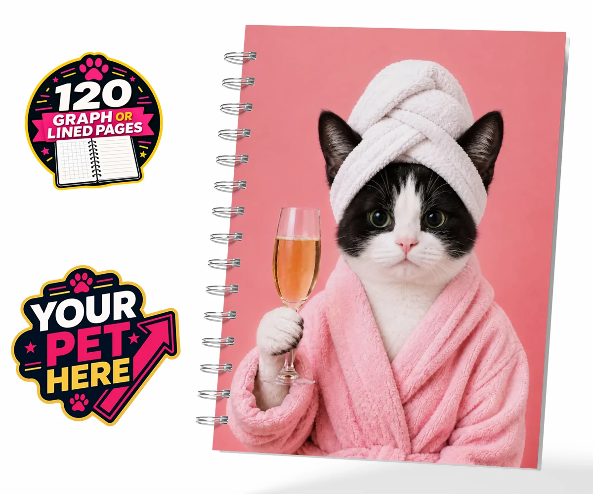 Personalised Spa Day Chic cat spiral notebook featuring the purr-fect blend of luxury and humour for cat enthusiasts!