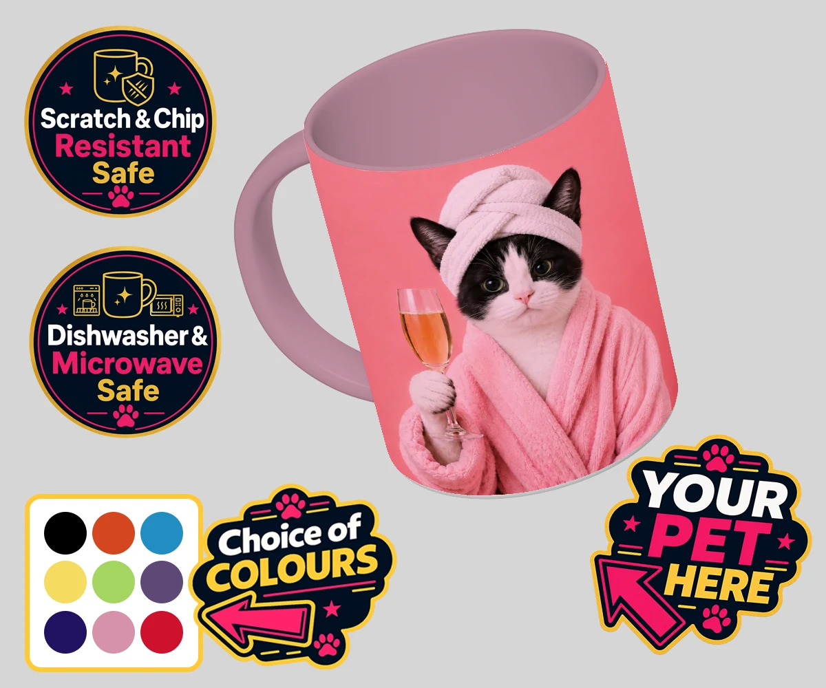 Personalised Spa Day Chic cat coloured photo mugs featuring the purr-fect blend of luxury and humour for cat enthusiasts!