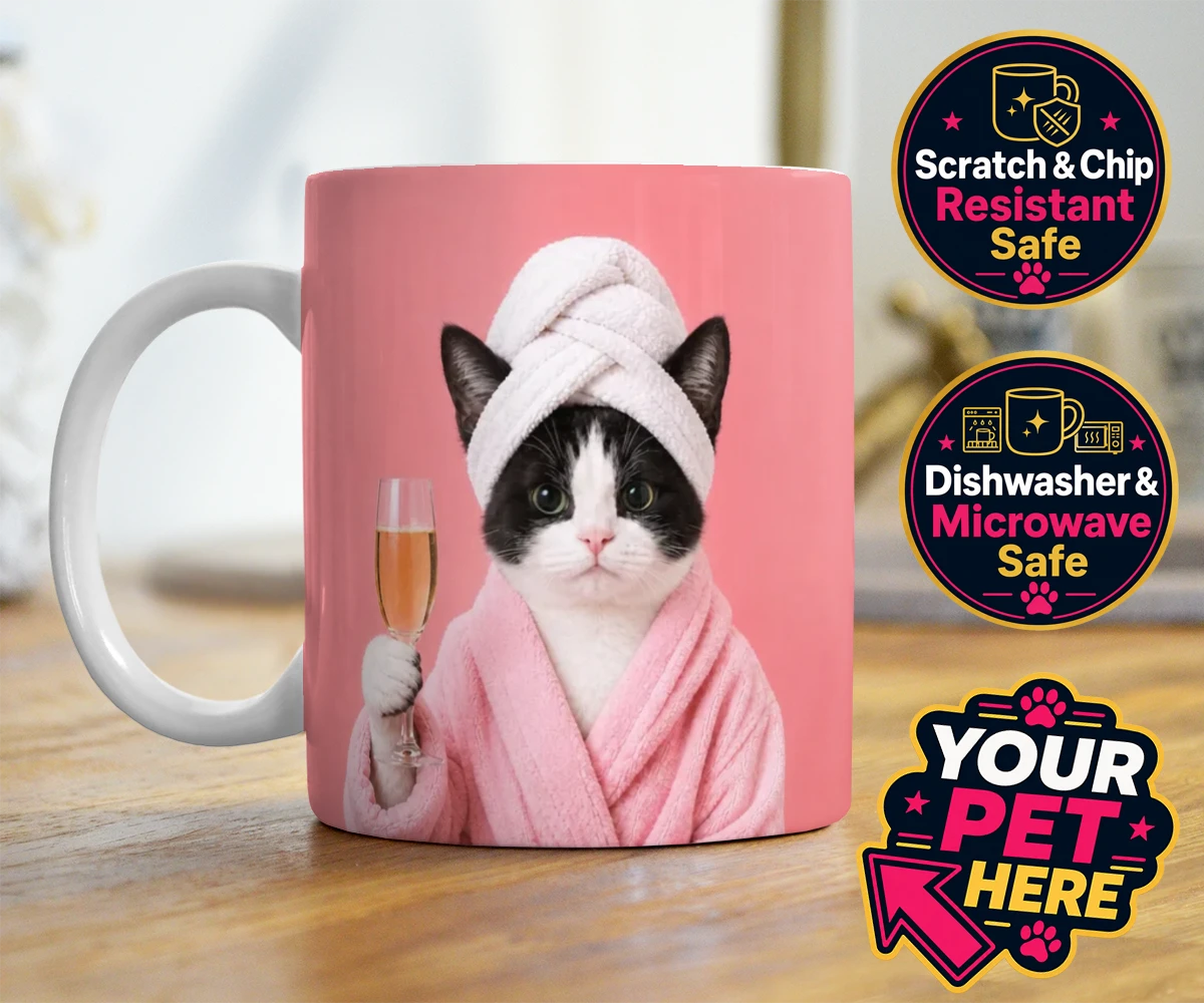 Personalised Spa Day Chic cat photo mugs featuring the purr-fect blend of luxury and humour for cat enthusiasts!